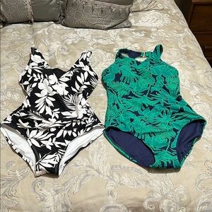 Black and White Floral Swimsuit and Green Leaf Print Swimsuit from Land’s End